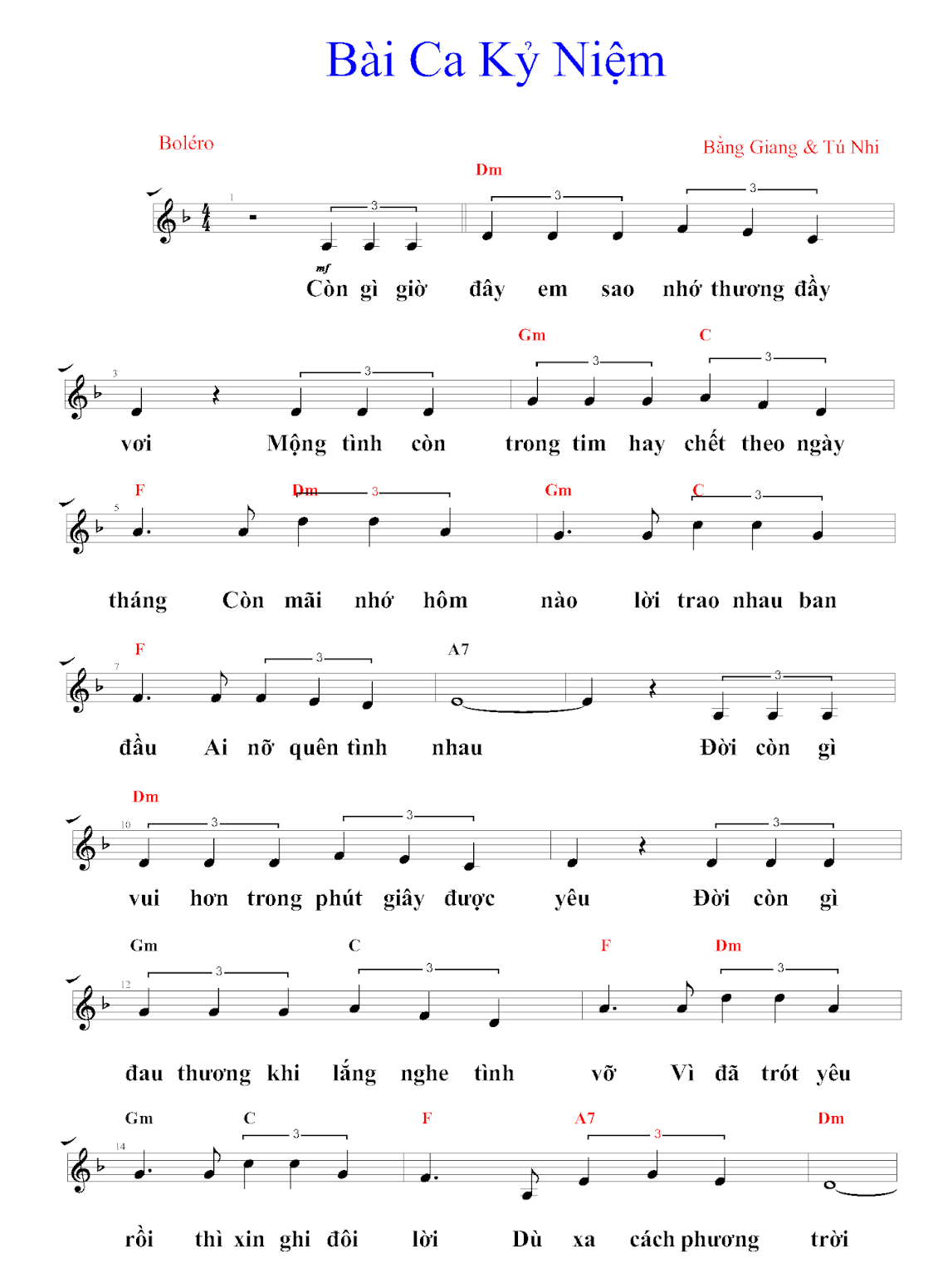 Hợp âm bài hát Bài Ca Kỷ Niệm