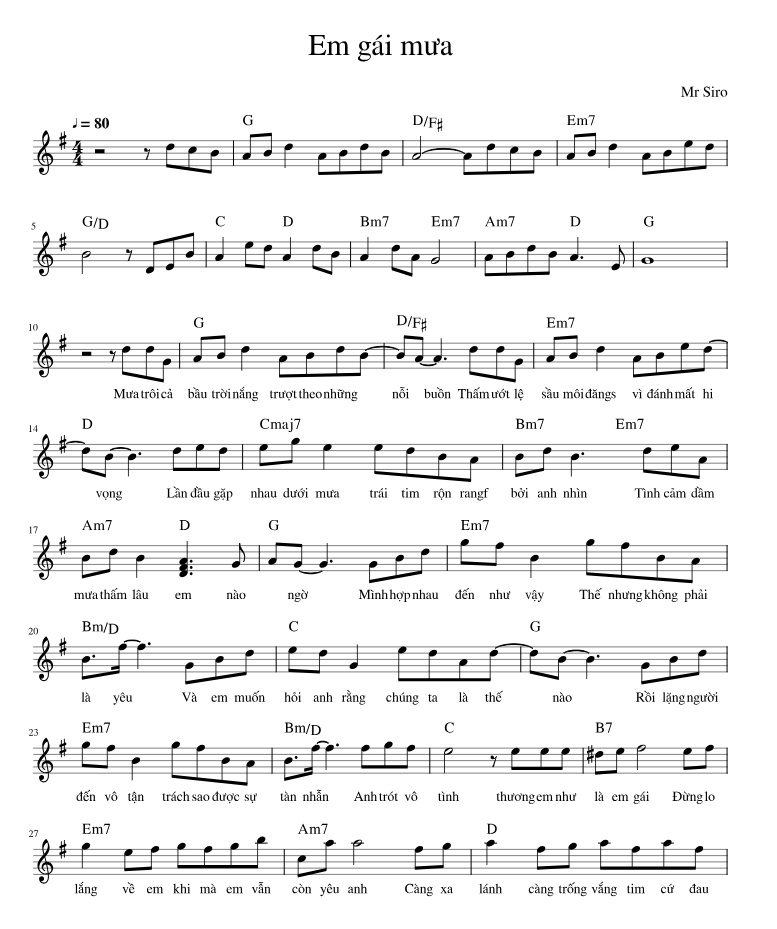 Hợp âm bài hát Em Gái Mưa
