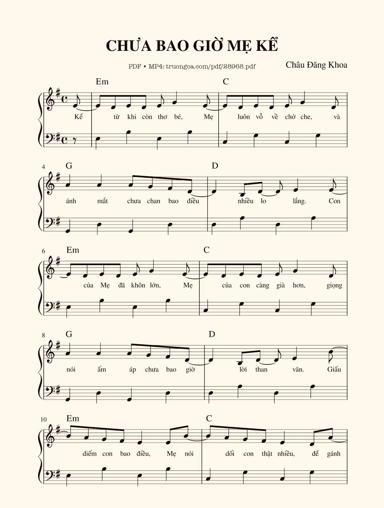 Hợp âm bài hát Chưa Bao Giờ Mẹ Kể