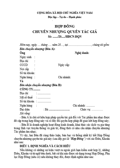 Mẫu hợp đồng chuyển nhượng quyền tác giả