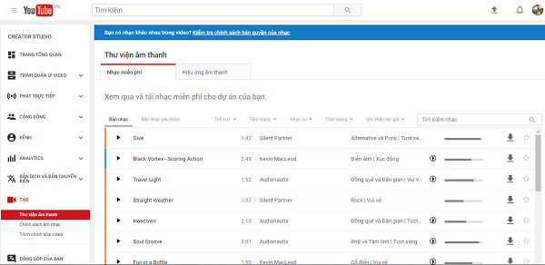 Kho âm thanh không bản quyền YouTube