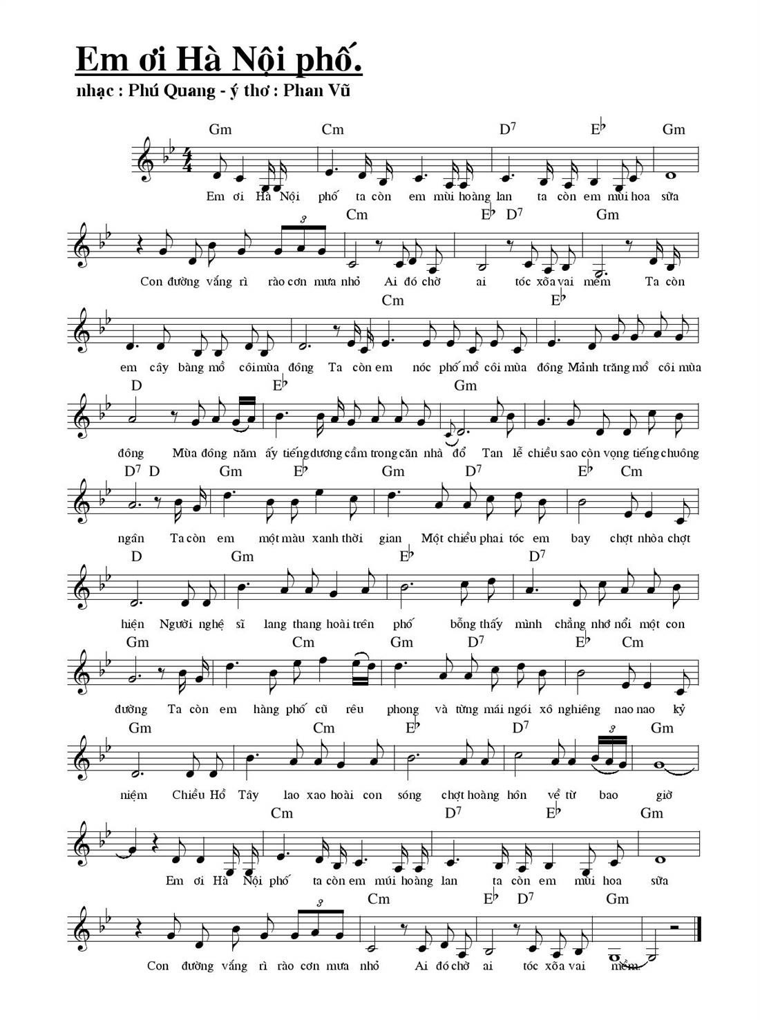 Hợp âm bài hát Em Ơi Hà Nội Phố
