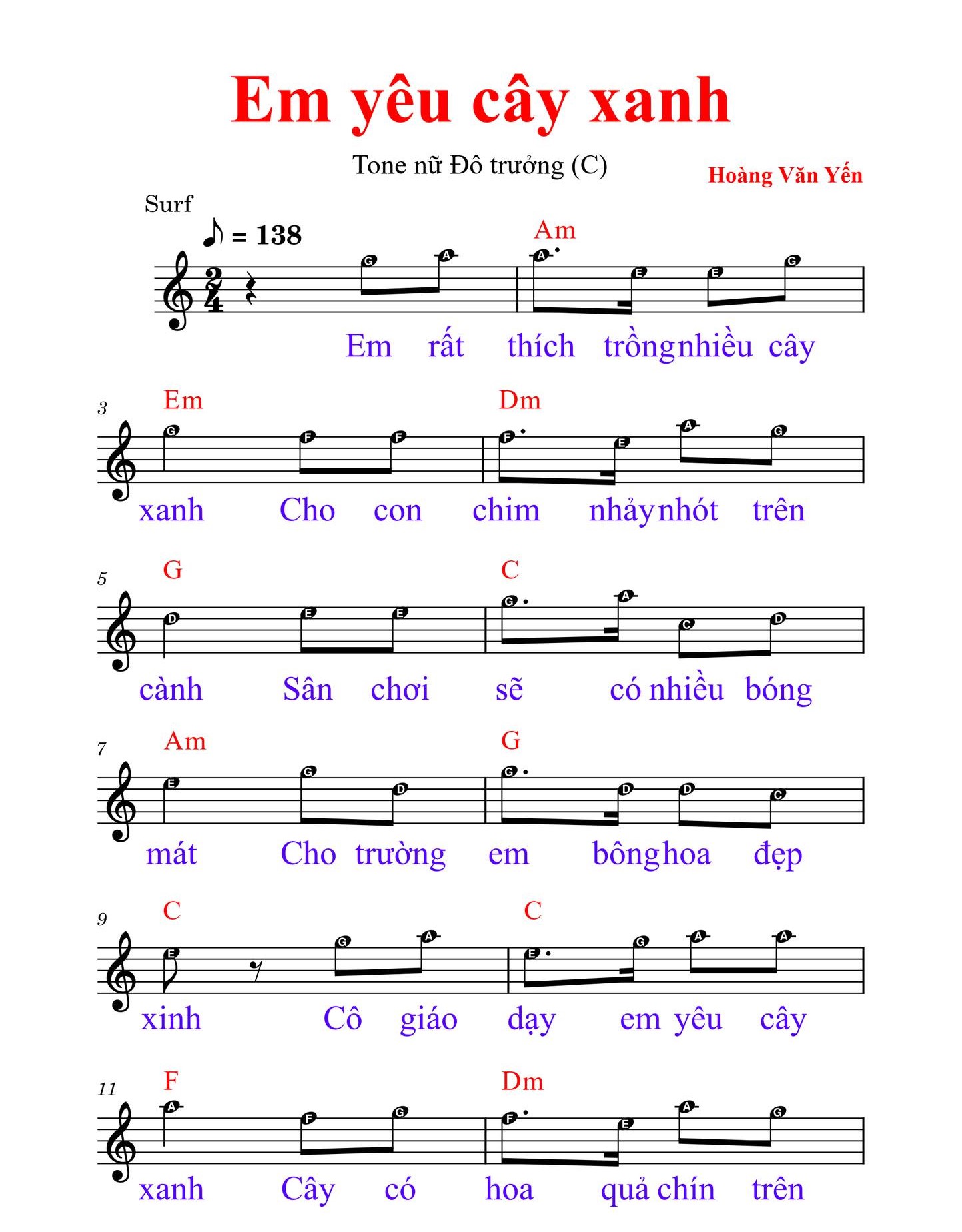 Hợp âm bài hát Em Yêu Cây Xanh