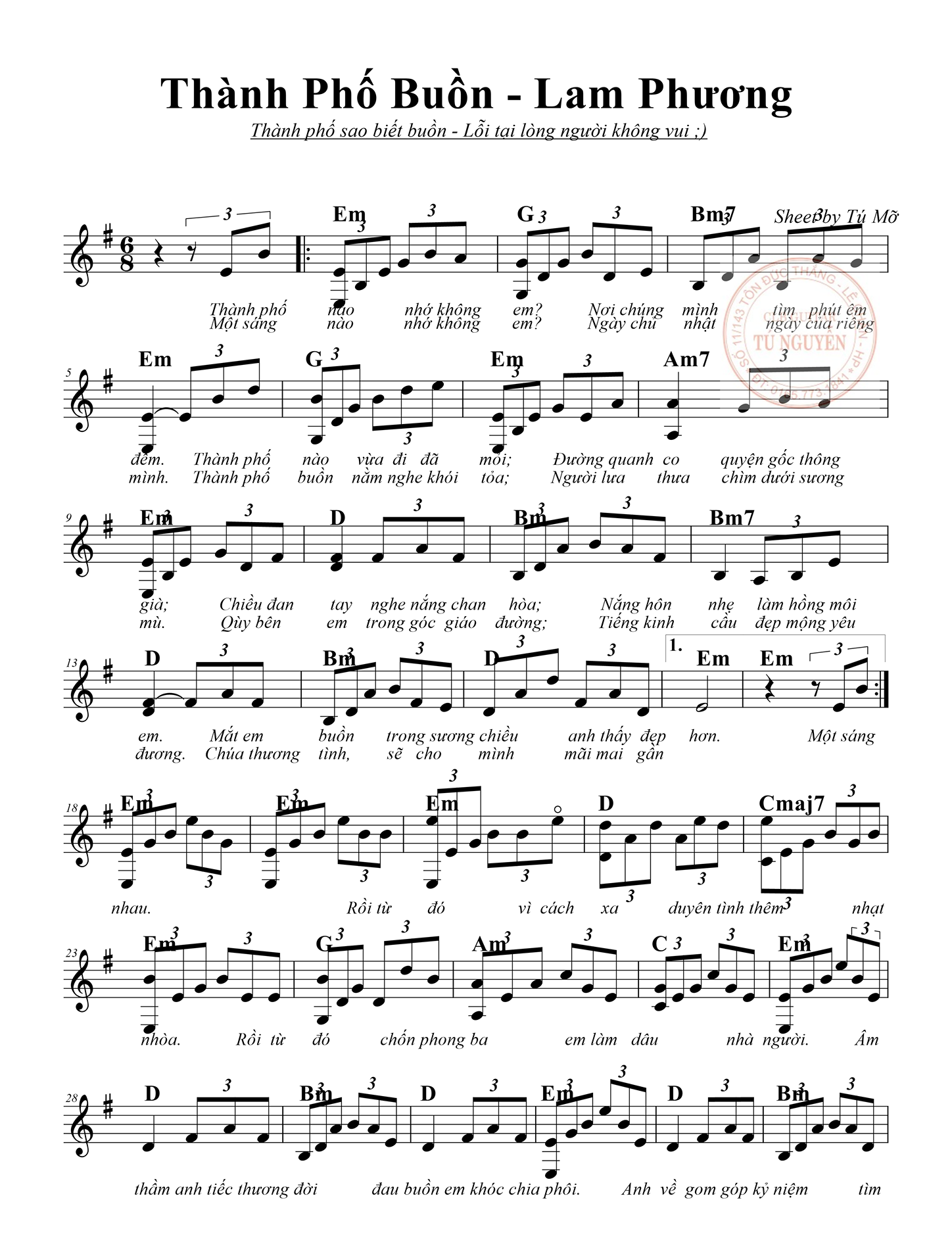 Hợp âm bài hát Thành Phố Buồn