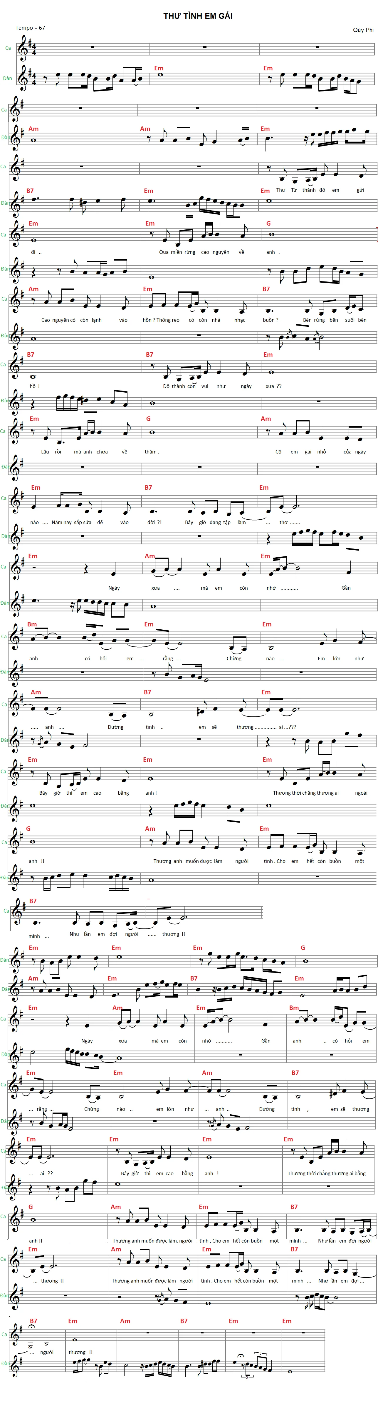 Hợp âm bài hát Thư Tình Em Gái