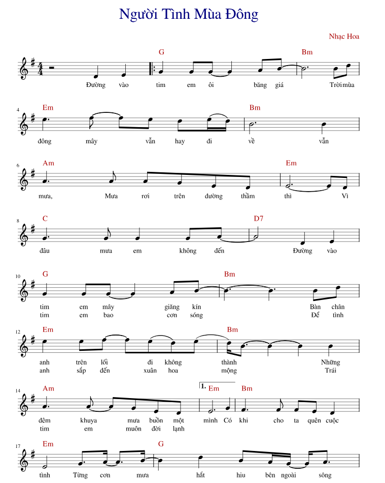 Hợp âm bài hát Người Tình Mùa Đông