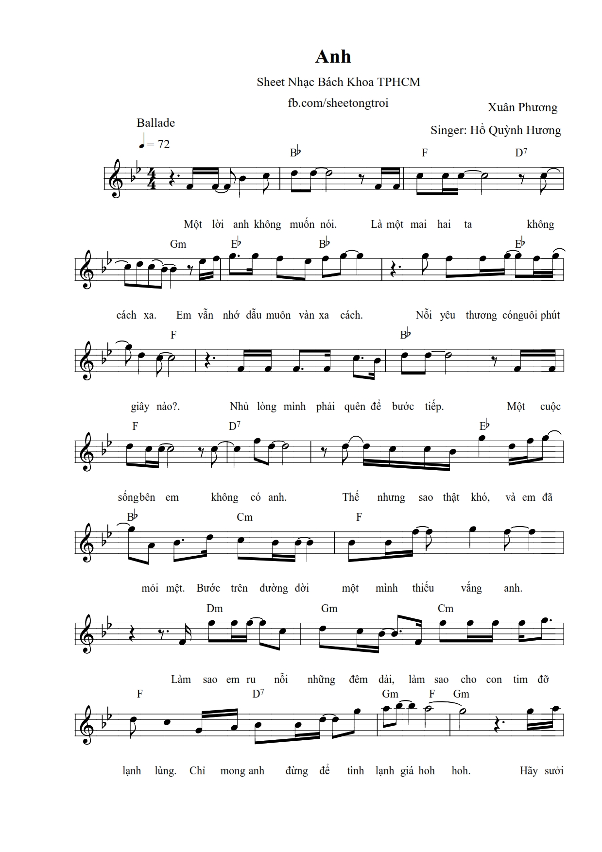 Lời bài hát Anh - Hồ Quỳnh Hương