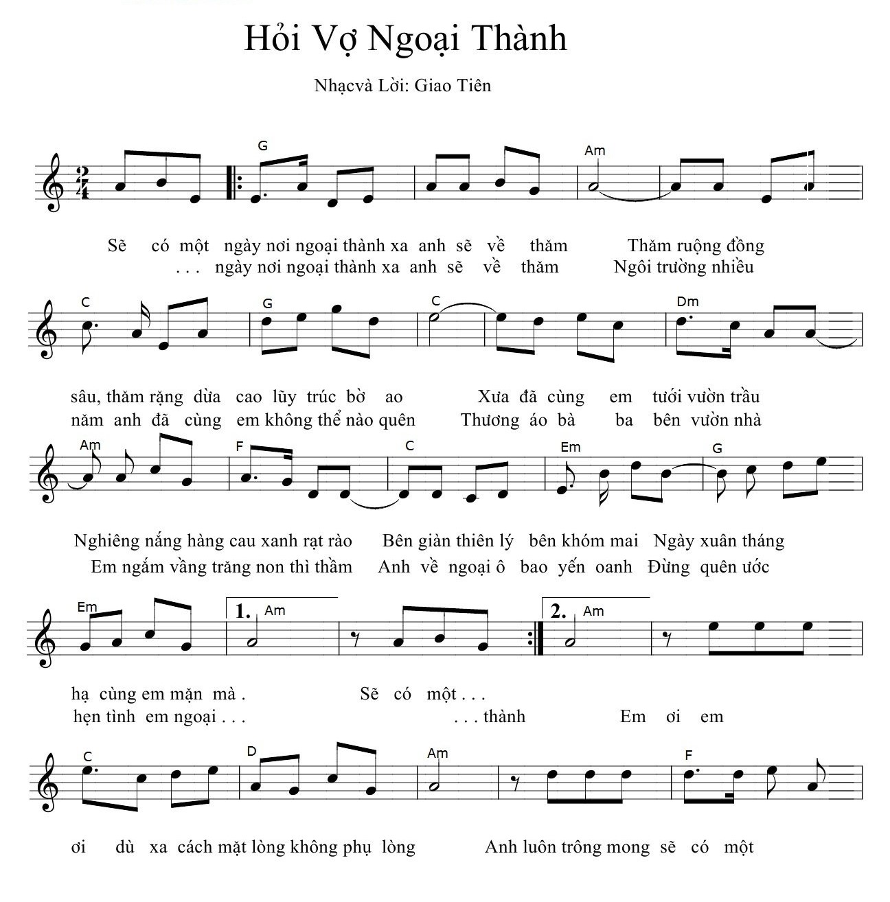 Hợp âm bài hát Hỏi Vợ Ngoại Thành