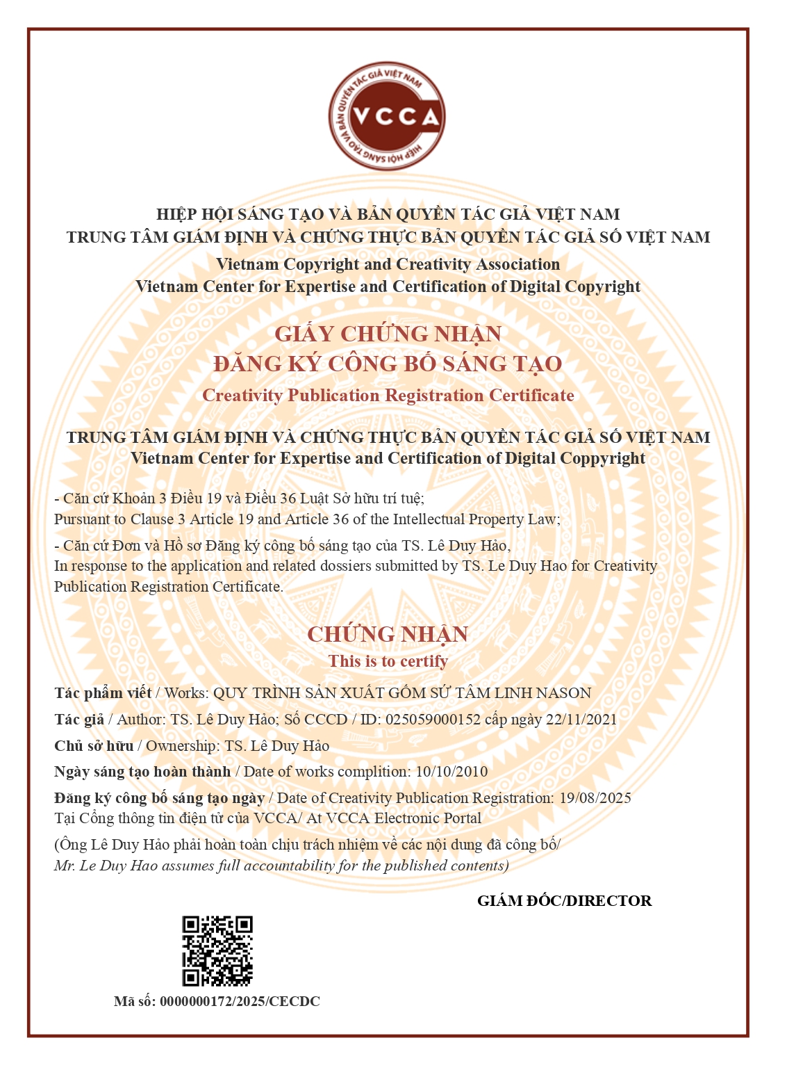 Giấy chứng nhận công bố sáng tạo Certiva