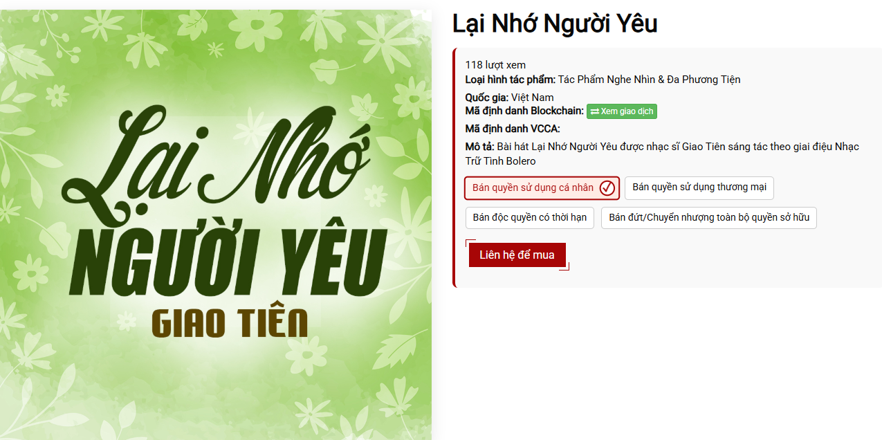 Giao dịch bản quyền bài hát Lại Nhớ Người Yêu tại Certiva