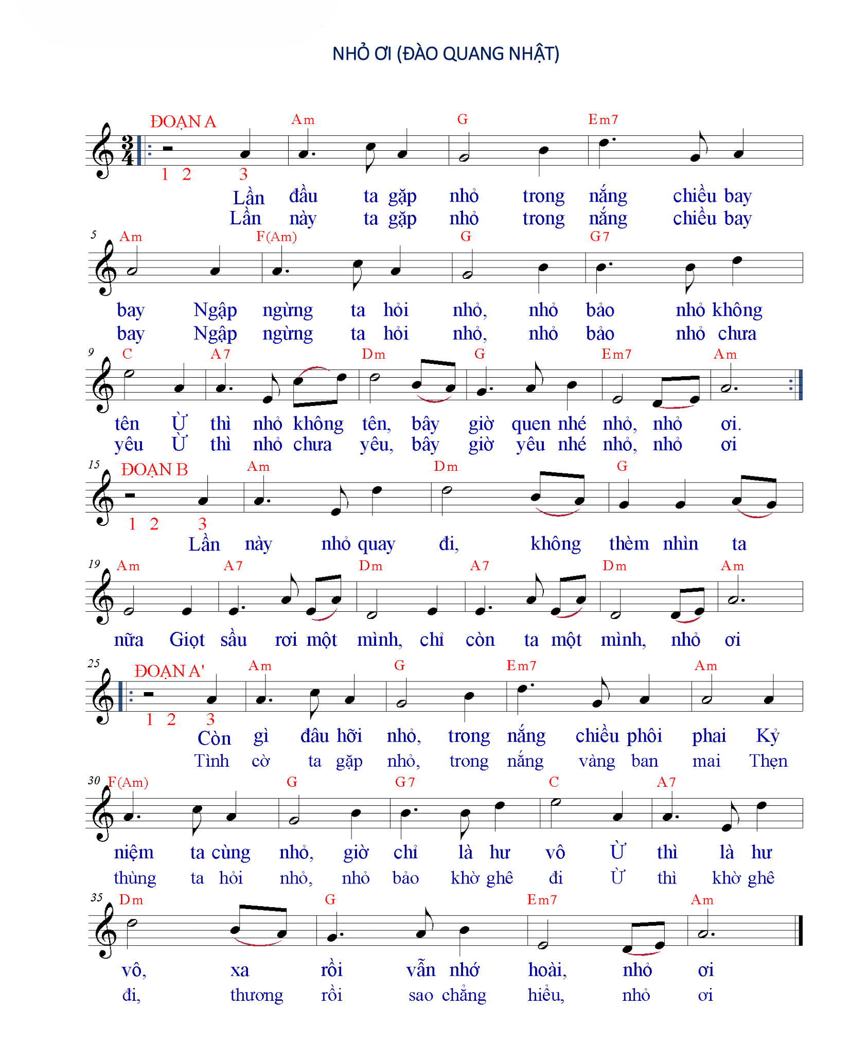 Hợp âm bài hát Nhỏ Ơi