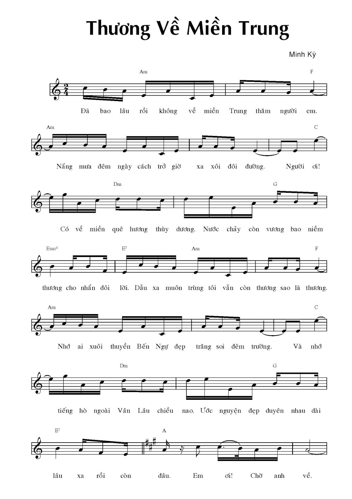 Hợp âm bài hát Thương Về Miền Trung