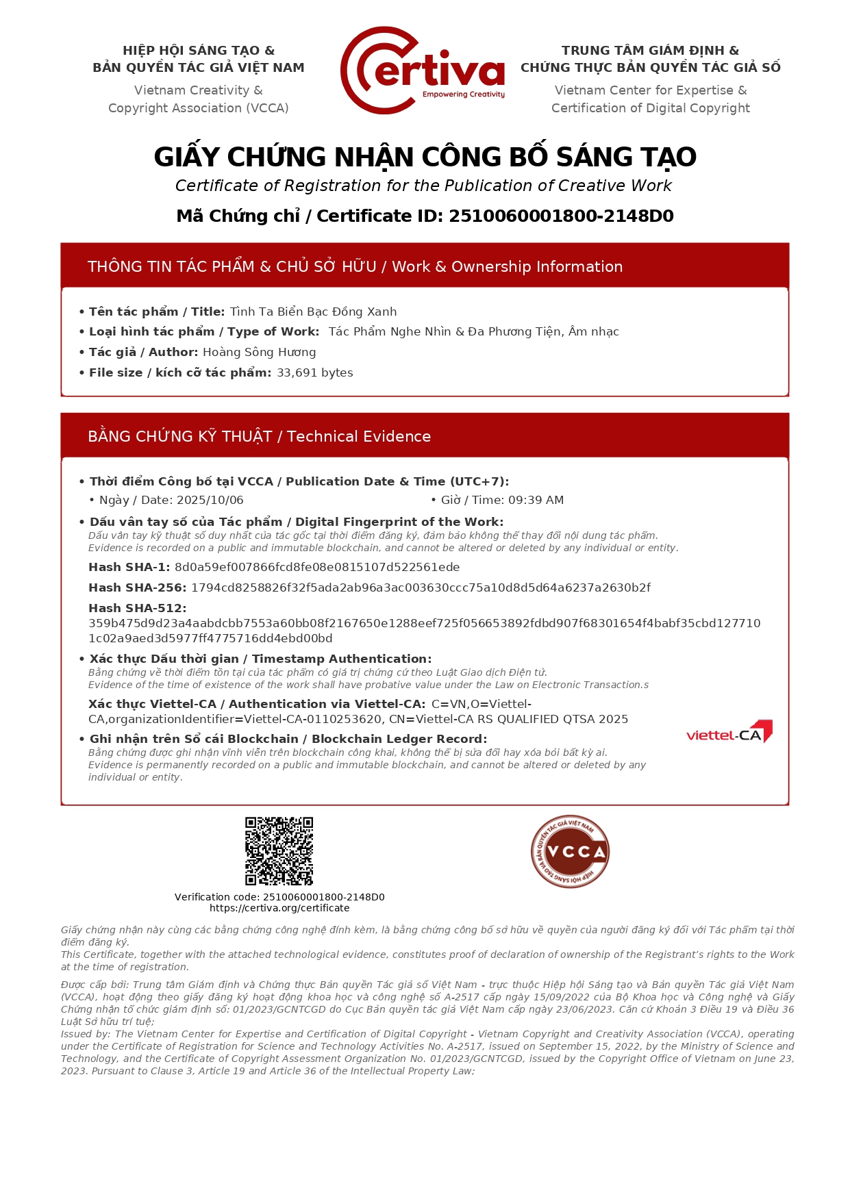 Giấy chứng nhận công bố sáng tạo Certiva