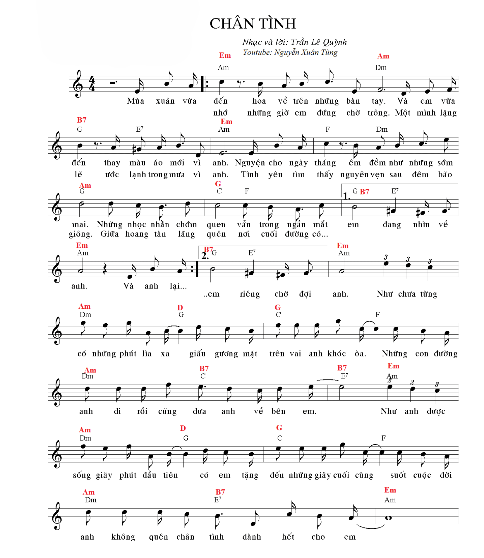 Hợp âm bài hát Chân Tình