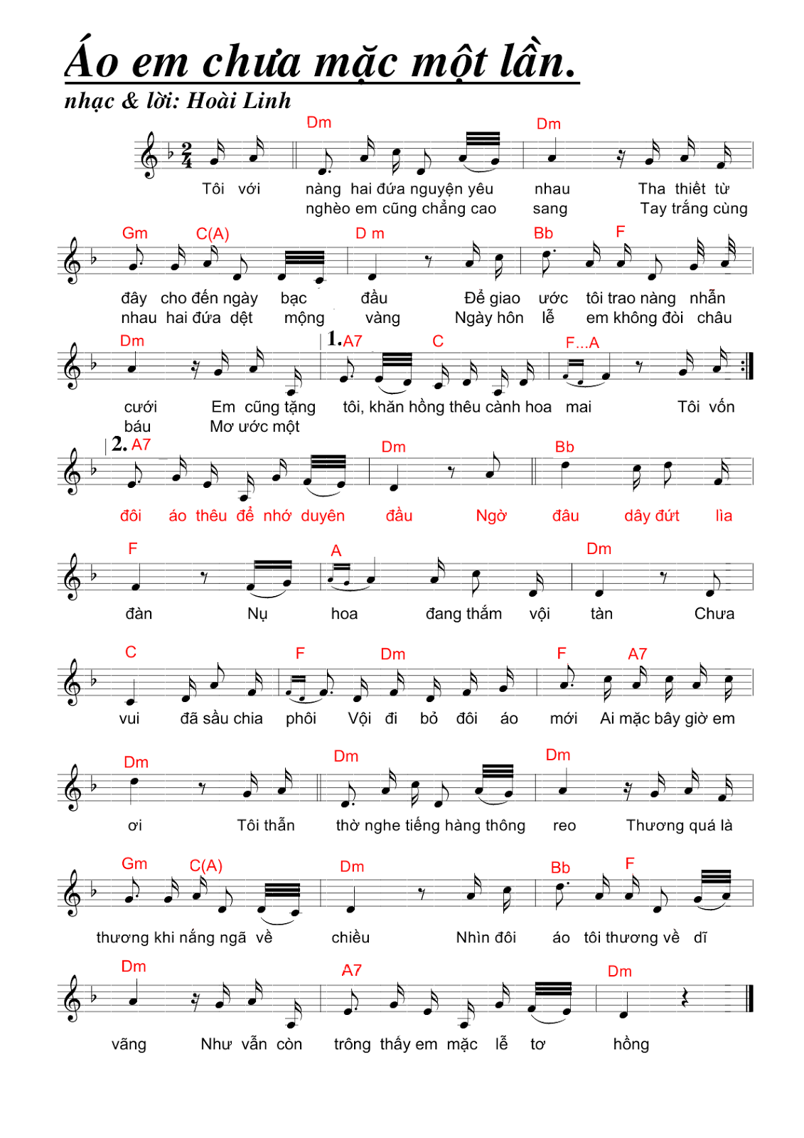 Hợp âm bài hát Áo Em Chưa Mặc Một Lần