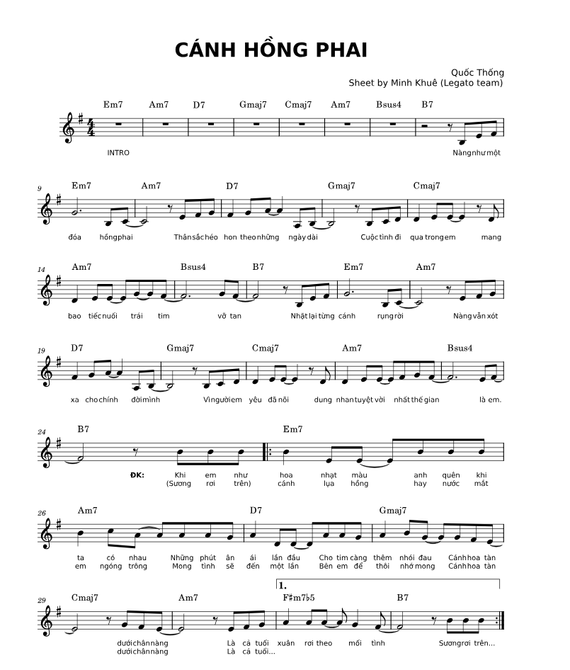 Hợp âm bài hát Cánh Hồng Phai