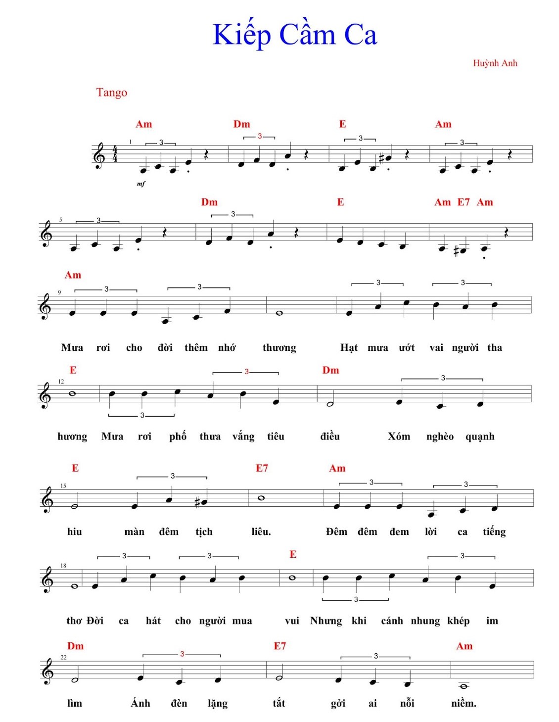 Hợp âm bài hát Kiếp Cầm Ca