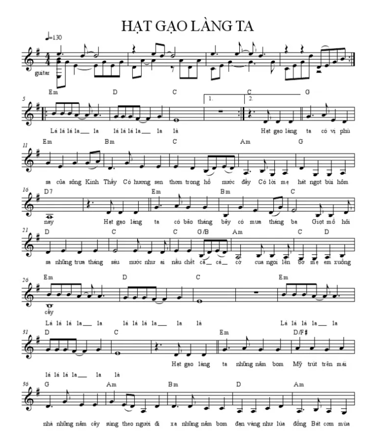 Hợp âm bài hát Hạt Gạo Làng Ta