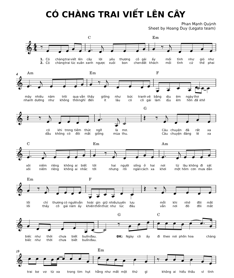 Hợp âm bài hát Có Chàng Trai Viết Lên Cây