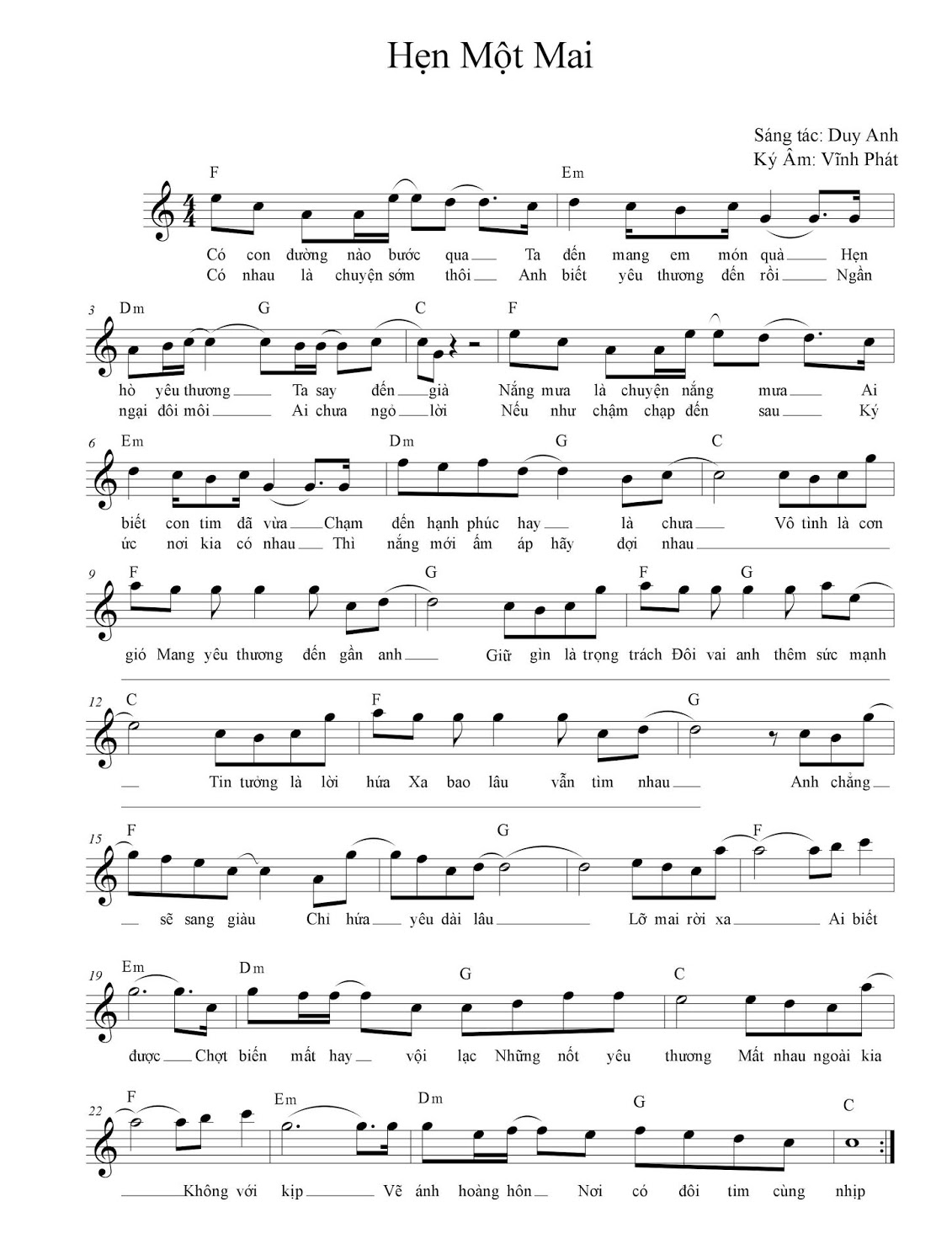 Lời bài hát Hẹn Một Mai