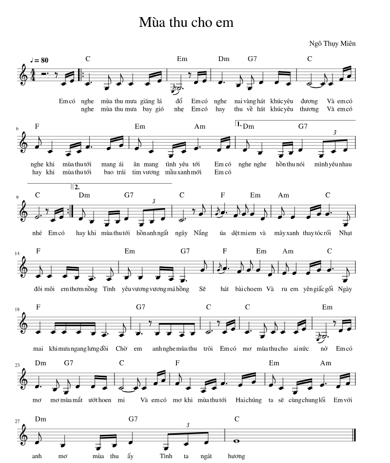 Hợp âm bài hát Mùa Thu Cho Em