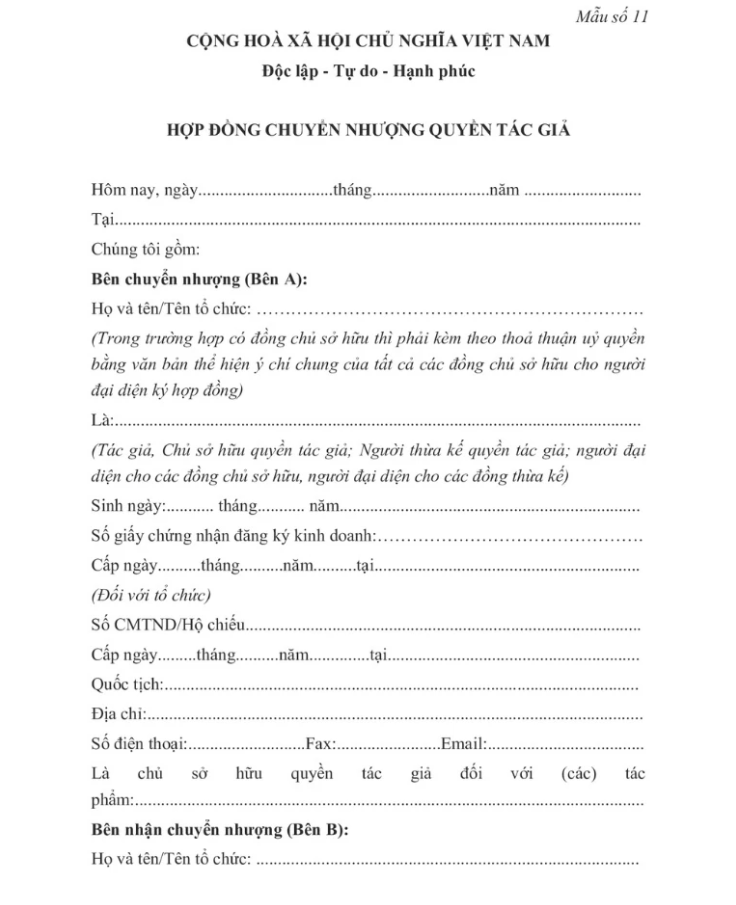 Mẫu hợp đồng chuyển nhượng quyền tác giả