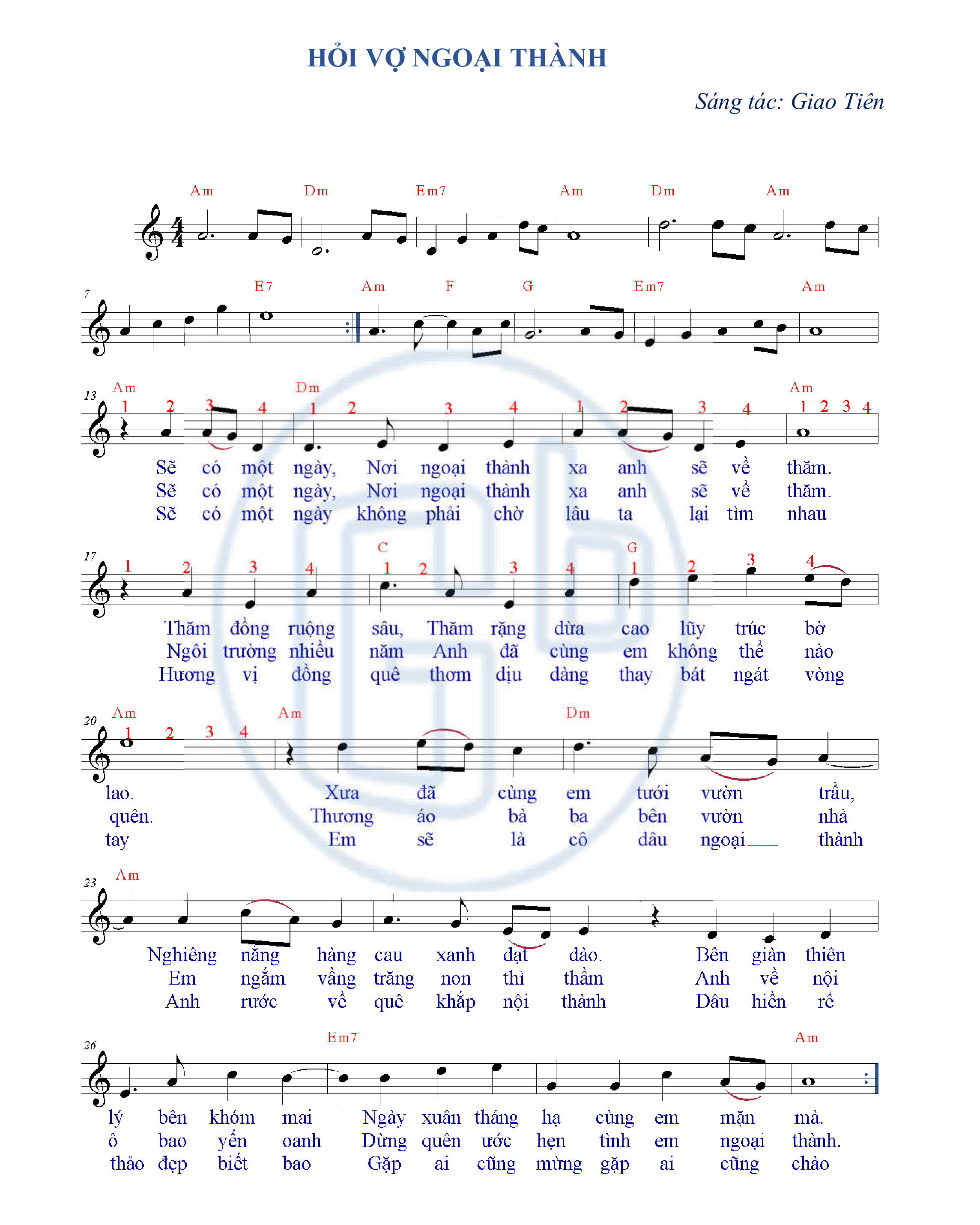 Hợp âm bài hát Hỏi Vợ Ngoại Thành