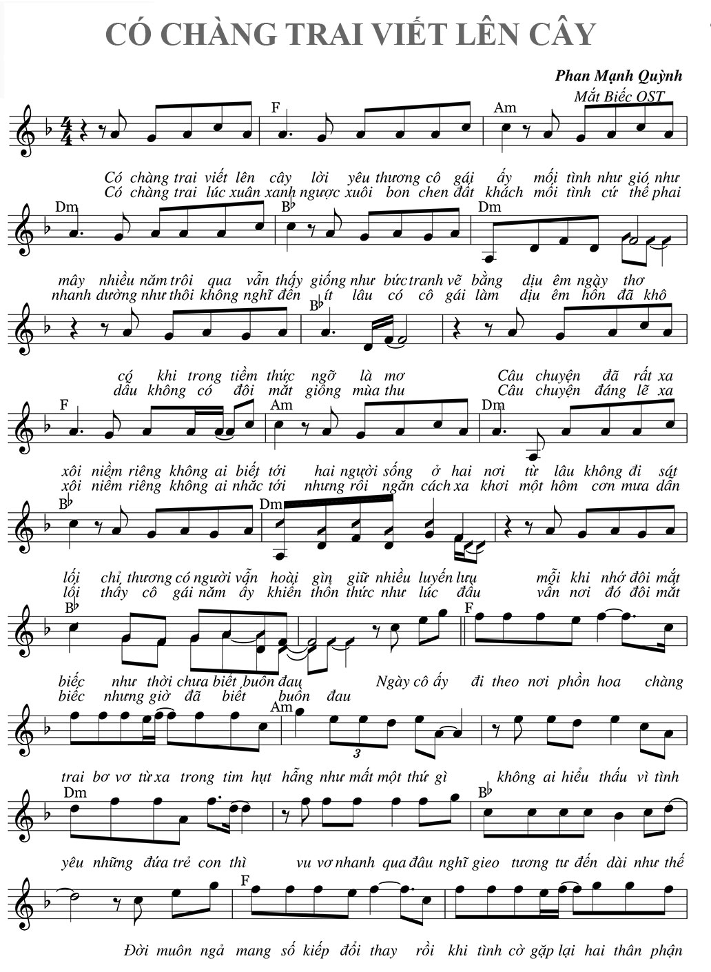 Lời bài hát Có Chàng Trai Viết Lên Cây