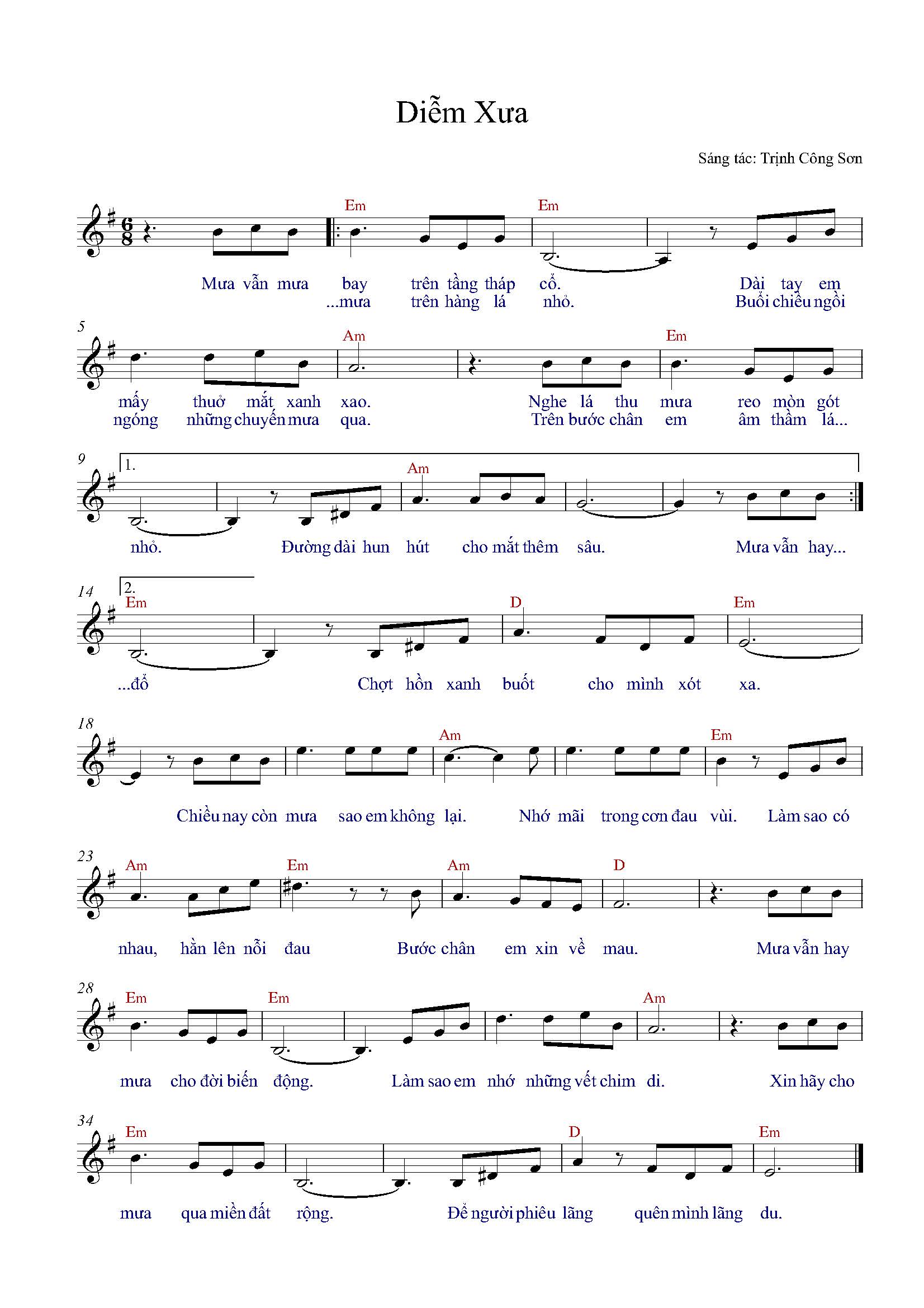 Hợp âm bài hát Diễm Xưa