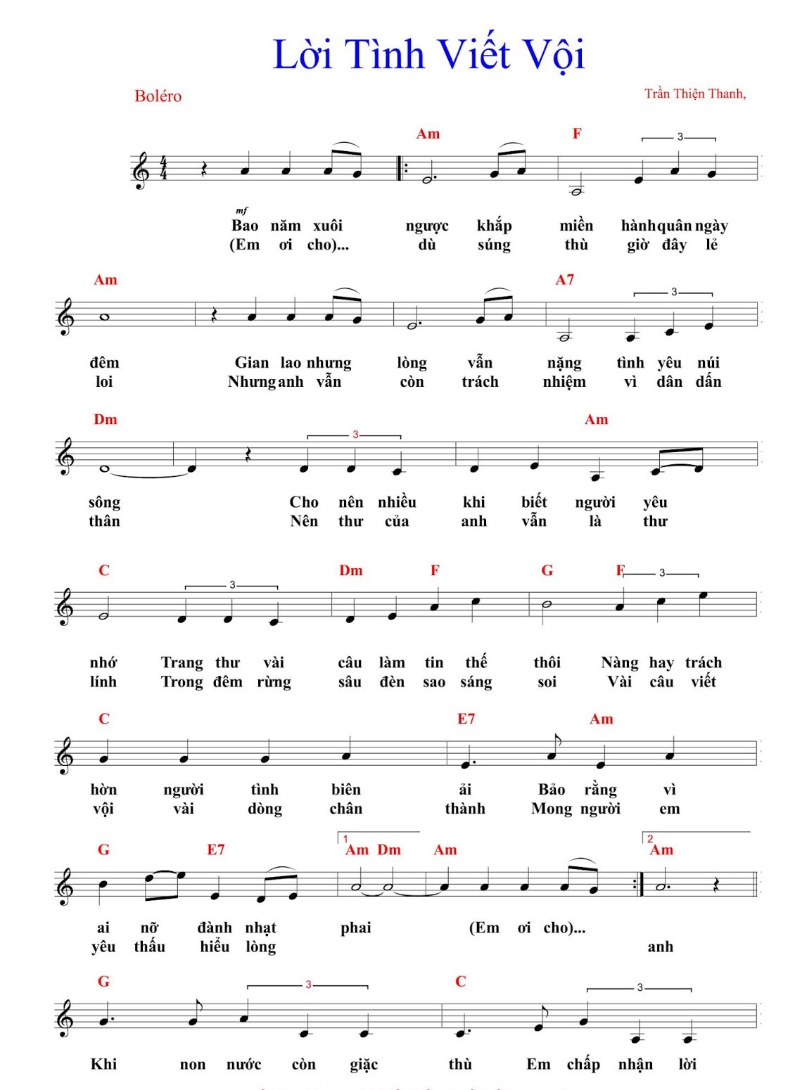 Hợp âm bài hát Lời Tình Viết Vội